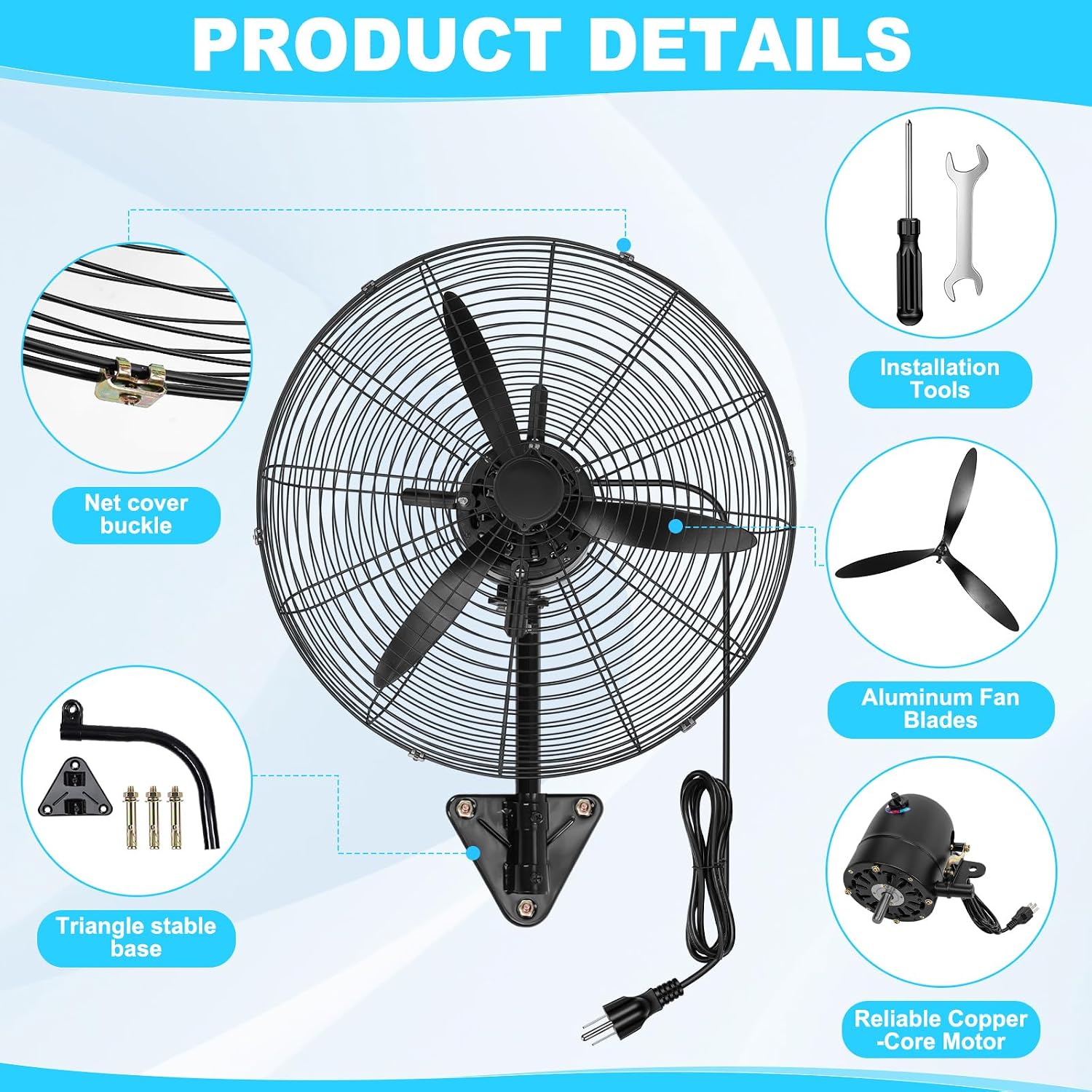 Aurelema 2 Set 22 Inch Wall Mount Fan Oscillating Industrial Heavy Duty Metal 3 Speed Fan, 7500 CFM High Velocity Cooling Powerful Airflow for Commercial Residential Garage Warehouse Workshops Factory